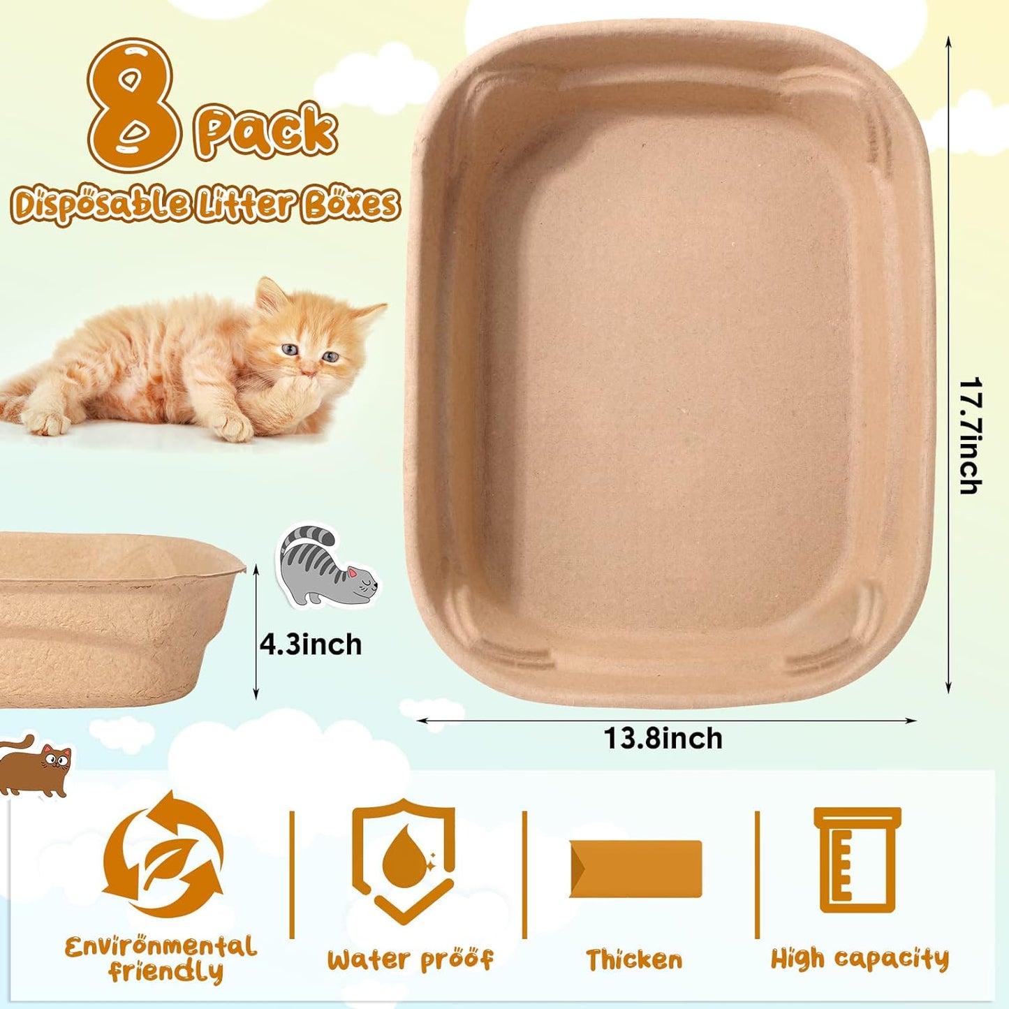 8 Pack, Disposable Cat Litter Box Large Paper Cat Litter Tray