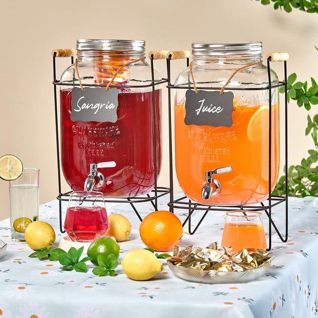 2 Gallon Glass Beverage Dispenser with Stand, Fruit Infuser, and 304 Stainless Steel Spigot and Lid