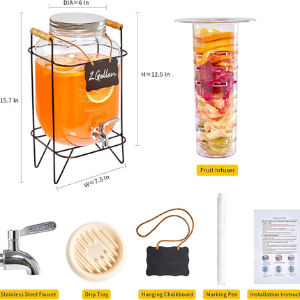 2 Gallon Glass Beverage Dispenser with Stand, Fruit Infuser, and 304 Stainless Steel Spigot and Lid