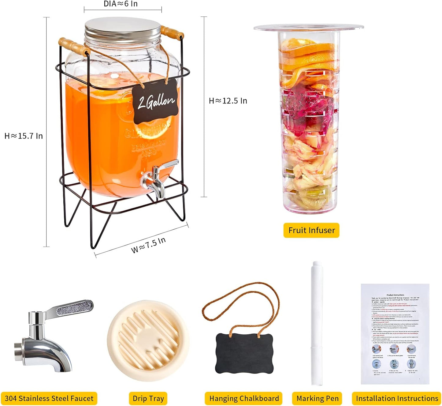 2 Gallon Glass Beverage Dispenser with Stand, Fruit Infuser, and 304 Stainless Steel Spigot and Lid