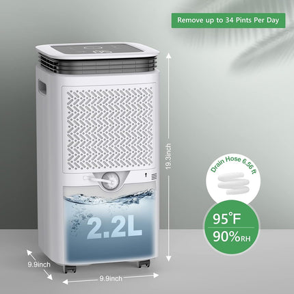 Home Dehumidifier with Drain Hose - 2500 sq ft, 34 PPD