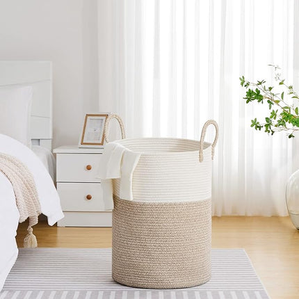 Laundry Baskets-Laundry Hamper,Storage Basket with Handles, Woven Storage Basket for Toys Bin,Pillows (White/Brown)